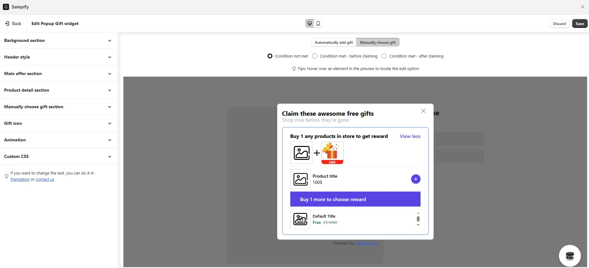 Salepify Edit Popup Gift widget styling editor with Background, Header style, Main offer, Gift icon, Animation and Custom CSS sections and a live popup preview