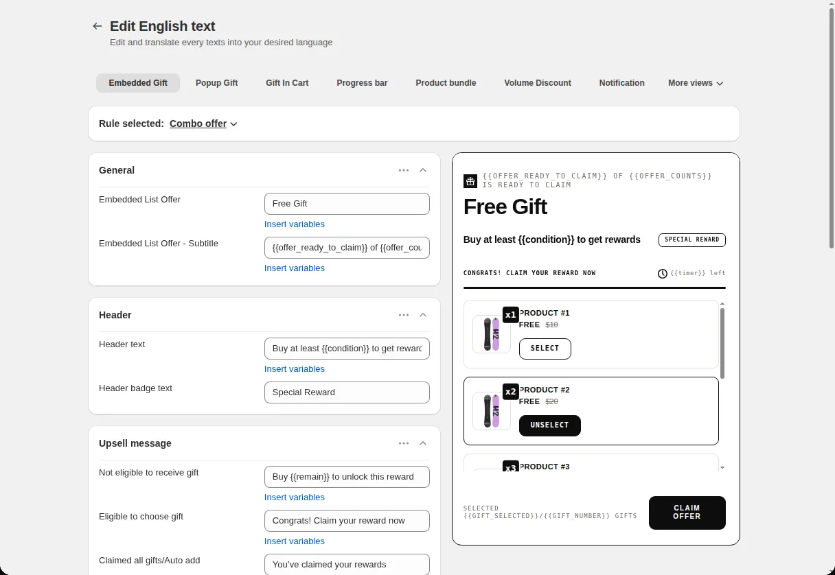 Translations Edit English text page on the Embedded Gift tab, showing the text fields for the embedded widget next to a live preview