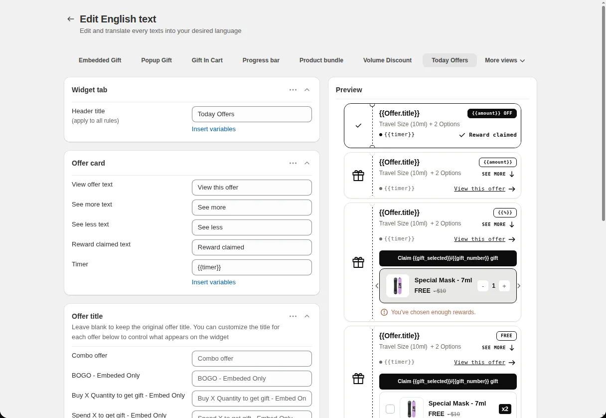 Translations Edit English text page with the Today Offers tab selected, showing the header title, View offer text and timer text fields next to a live preview