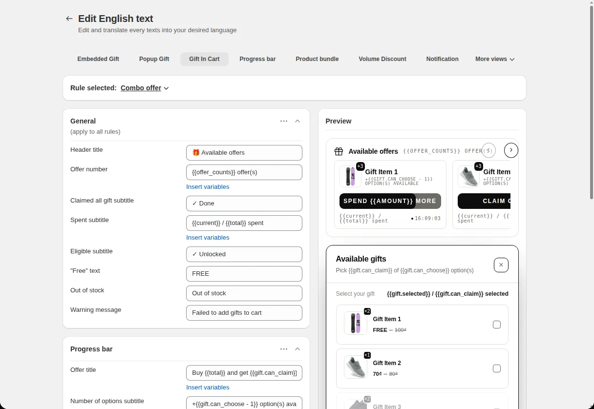Translations Edit English text page with the Gift In Cart tab selected, showing the General and Progress bar text fields next to a live preview
