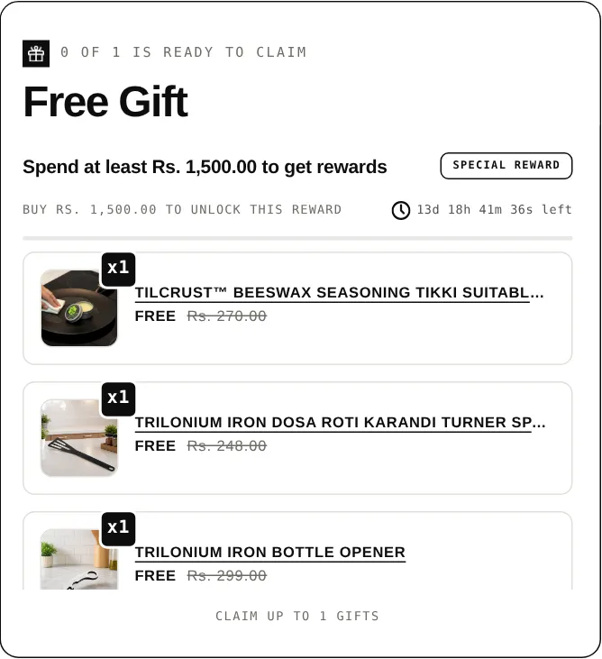 Free gift widget on a cookware store: spend at least Rs. 1,500 to get rewards, choose 1 of 3 free accessories, with a countdown