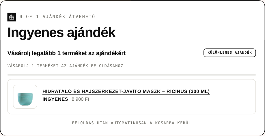 Free Gift widget in Hungarian reading Buy at least 1 product for the gift, showing a free hair mask that is added to the cart automatically after it unlocks