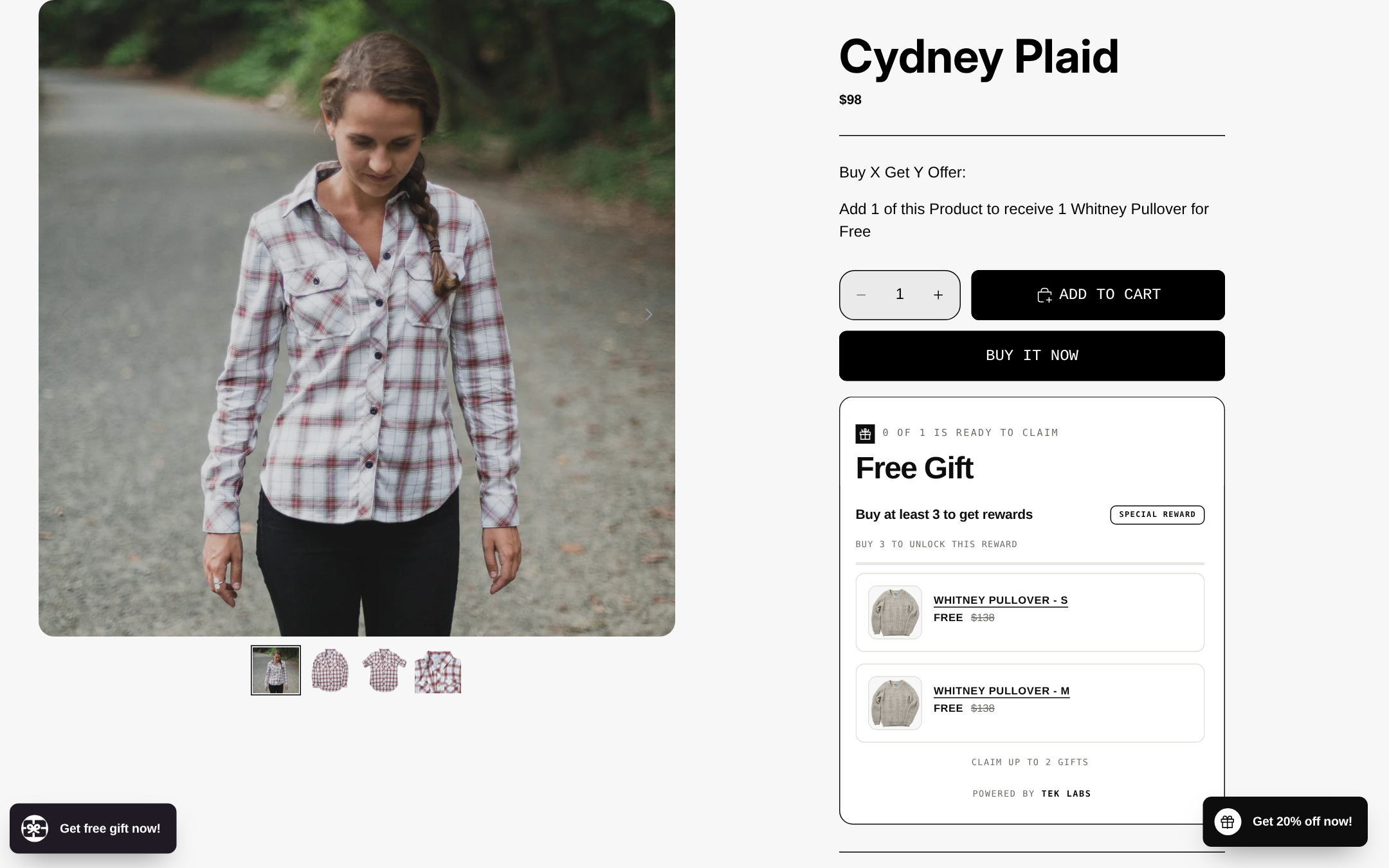 Desktop product page for Cydney Plaid with a Buy X Get Y line and a Free Gift widget beside the product photos