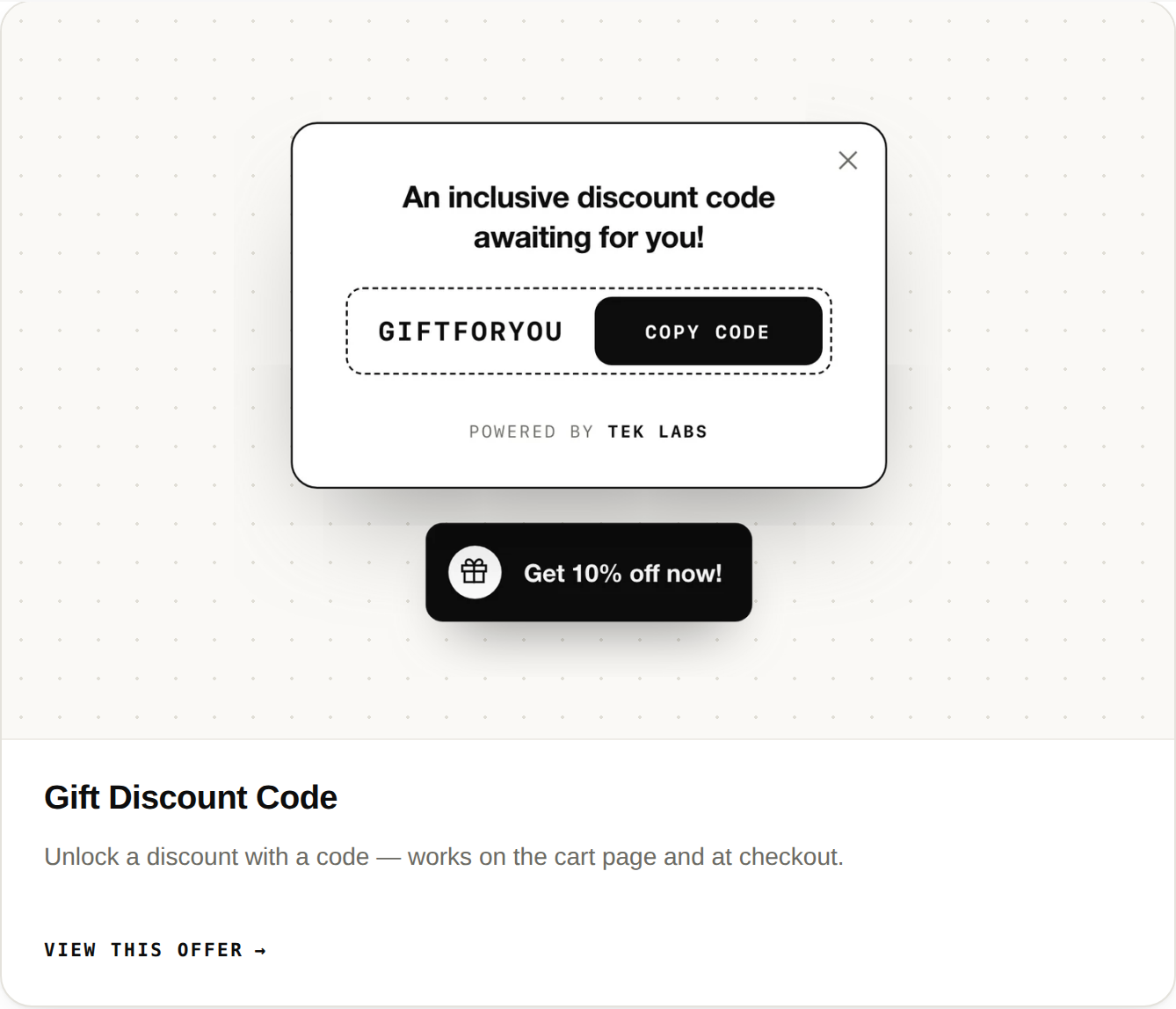 Popup titled An inclusive discount code awaiting for you, showing the code GIFTFORYOU and a sticky Get 10 percent off now button