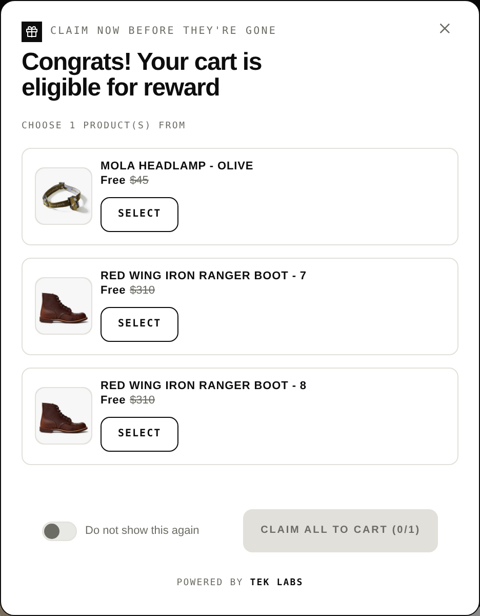Popup reading Congrats, your cart is eligible for reward, with a choice of one of three free products and a claim button