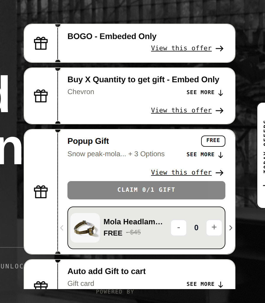 Today offers side drawer listing a BOGO offer, a buy X quantity gift offer and a popup gift with a claim button
