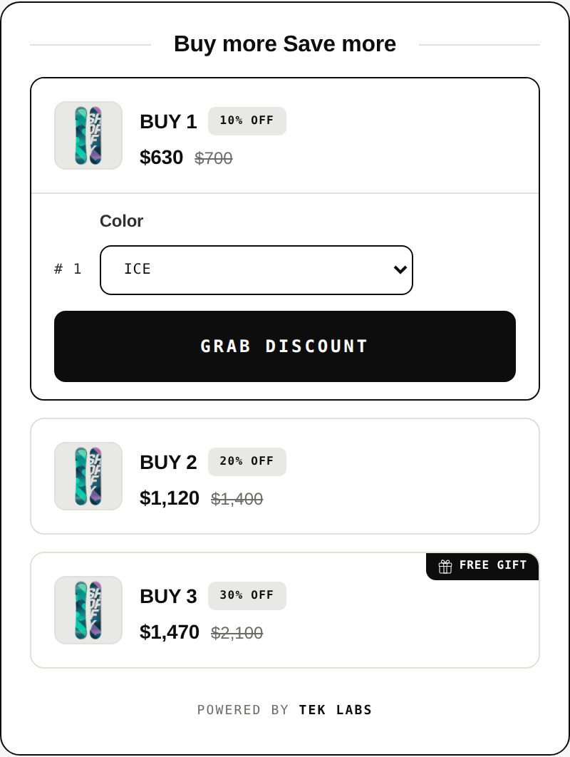 Buy more, save more section with quantity tiers for buying 1, 2 and 3 units and a free gift on one tier