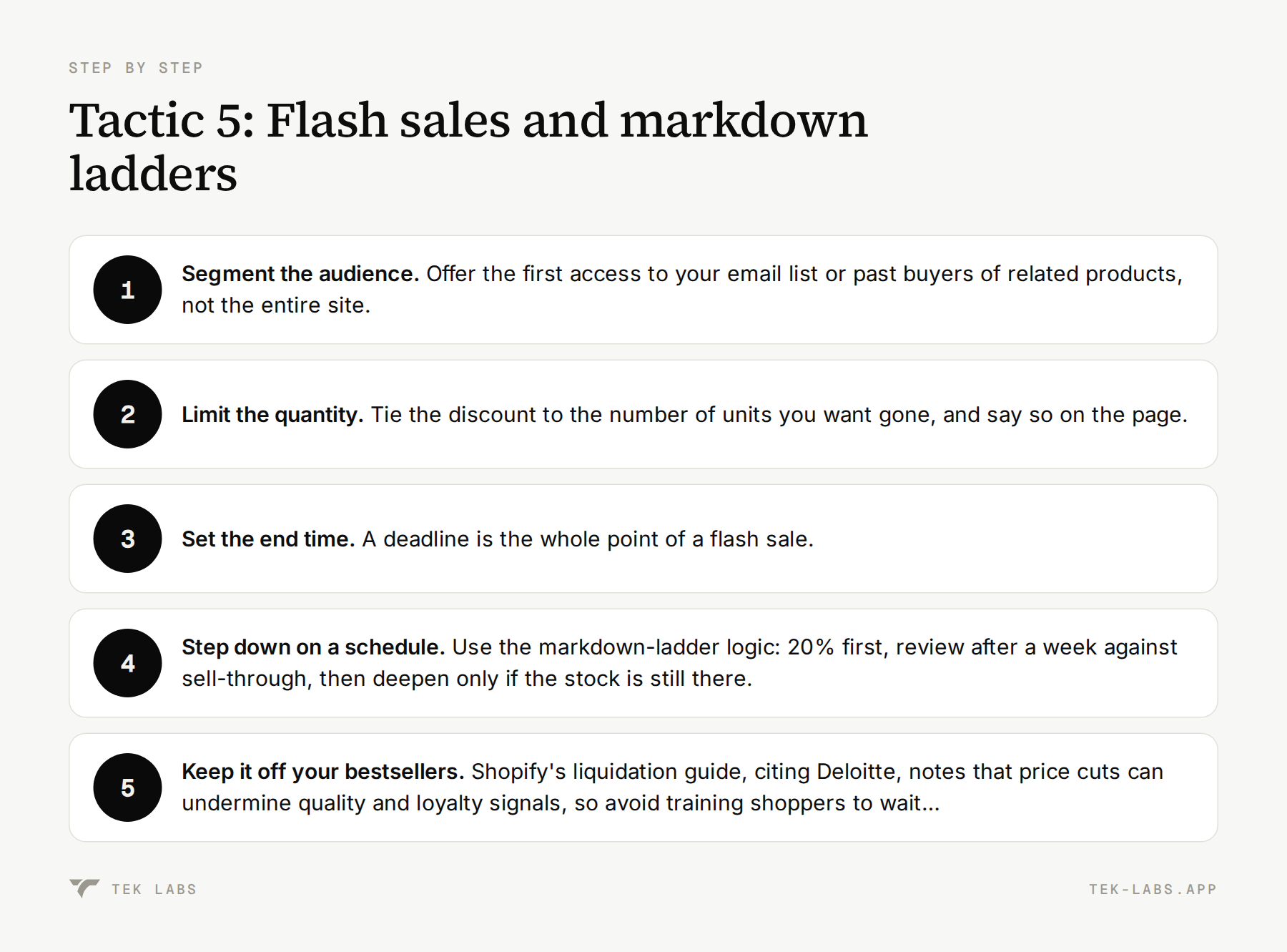 5-step diagram: Tactic 5: Flash sales and markdown ladders