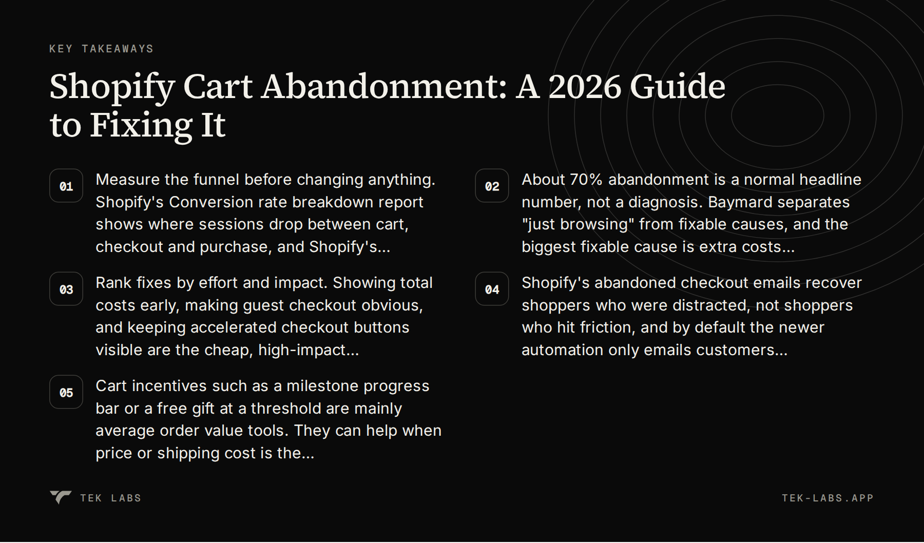 Key takeaways from Shopify Cart Abandonment: A 2026 Guide to Fixing It: 5 points summarized