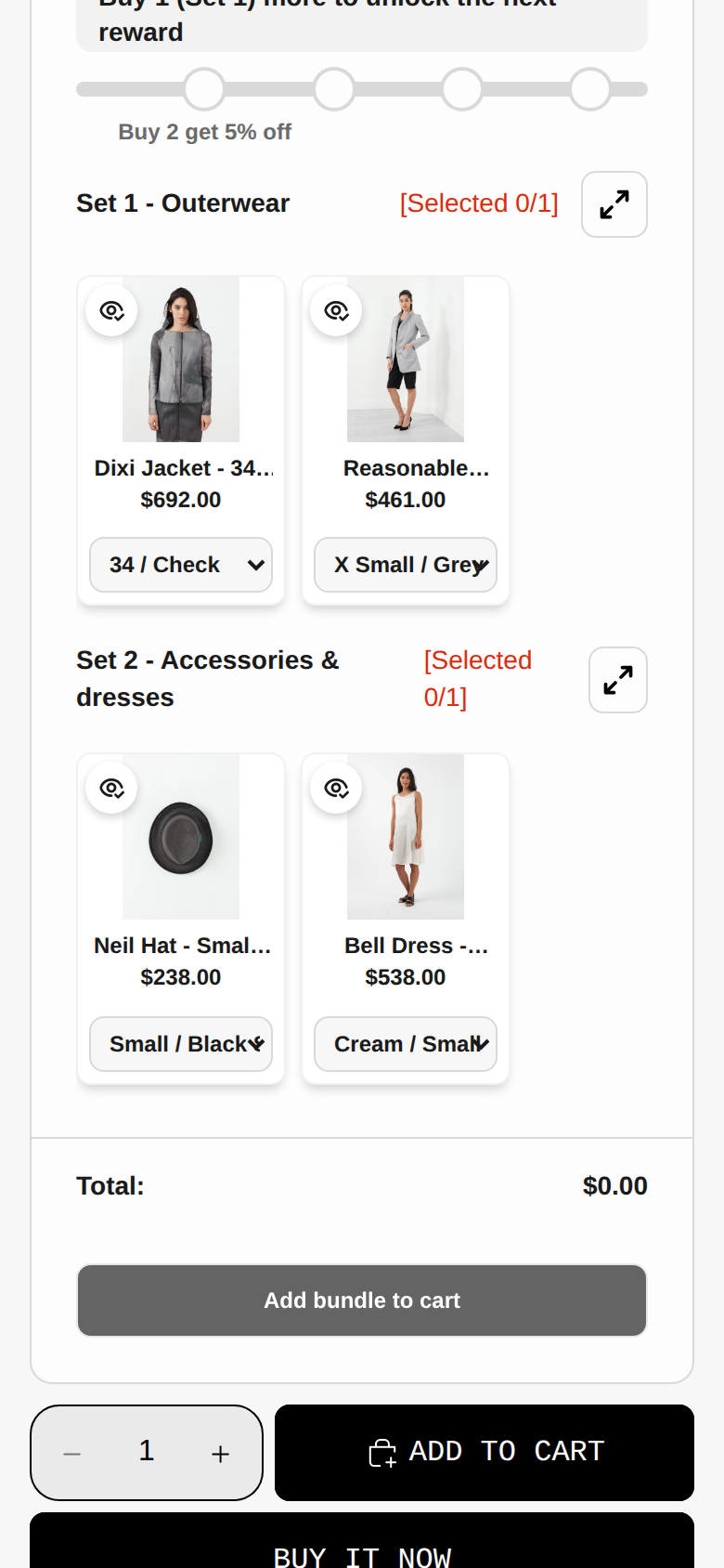 Mobile bundle builder showing Set 1 Outerwear and Set 2 Accessories and dresses with four products, a $0.00 total and an Add bundle to cart button