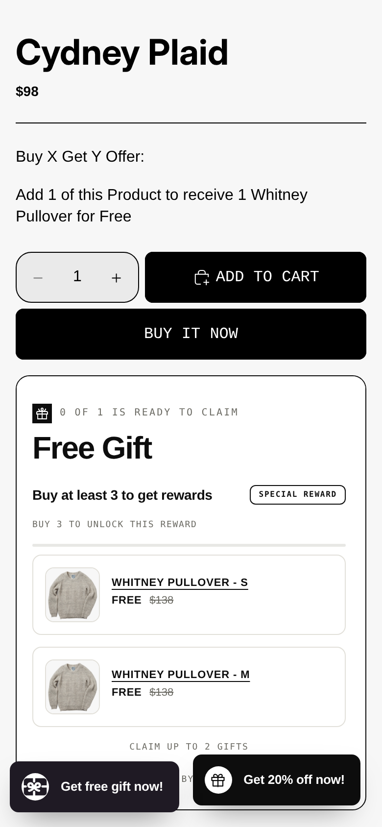 Mobile product page for Cydney Plaid with a Buy X Get Y line and a Free Gift widget offering two Whitney Pullover sizes when the shopper buys at least 3