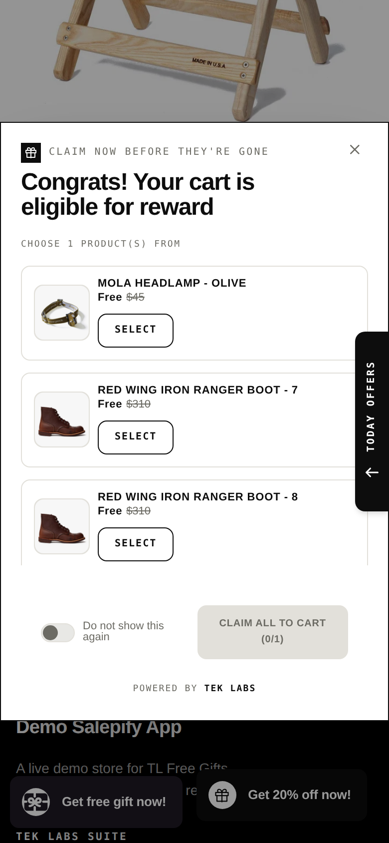 Mobile popup titled Congrats! Your cart is eligible for reward, listing a headlamp and two boots as free choices with Select buttons and a Claim all to cart button